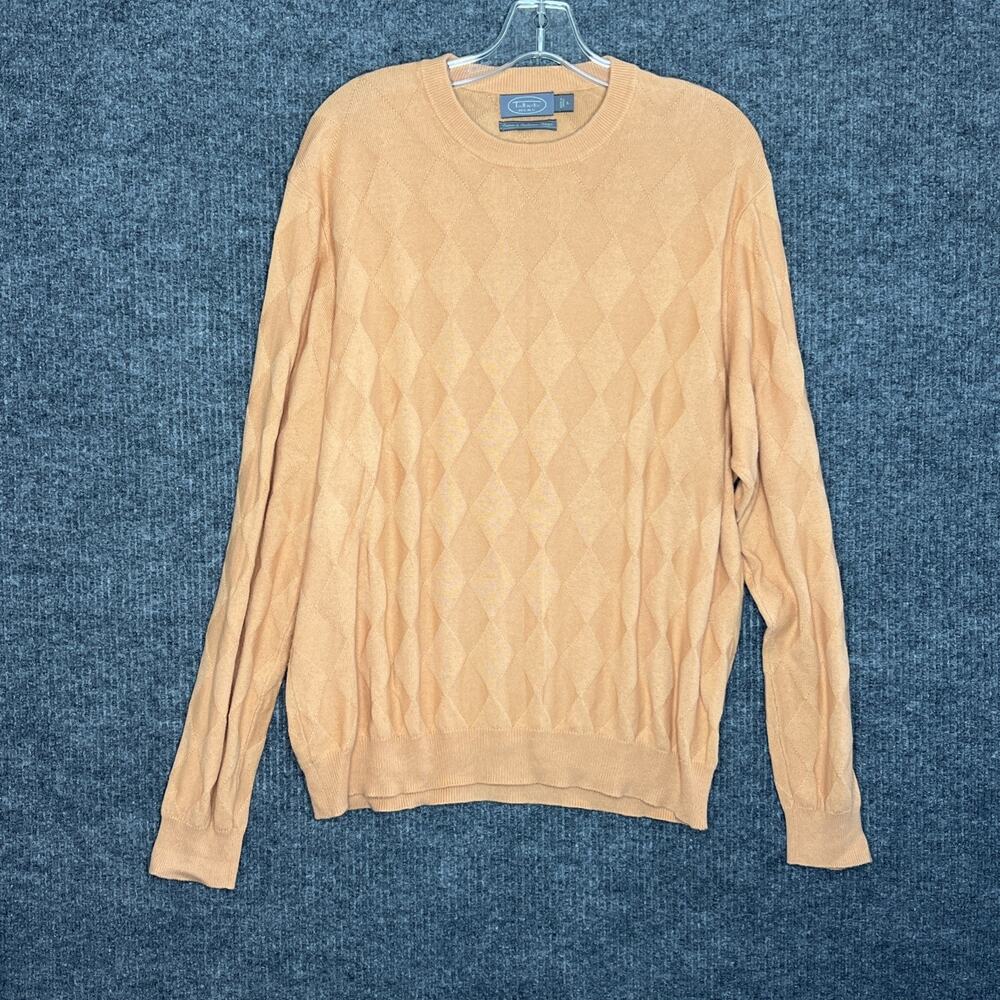 Talbots Mens Pullover Sweater Size Large Orange Argyle Crew Neck Cotton Cashmere